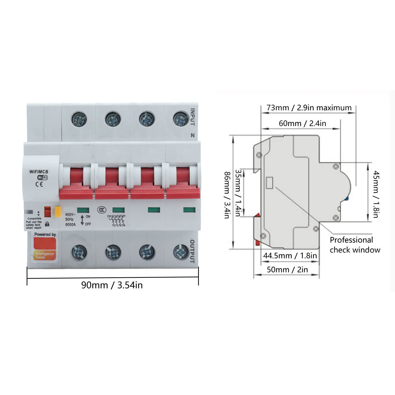 Interruttore automatico WIFI wireless, interruttore remoto Smart Bluetooth 4P Relè AC 400V Controllo remoto e monitoraggio dell'utilizzo energetico con blocco di sicurezza (80A)