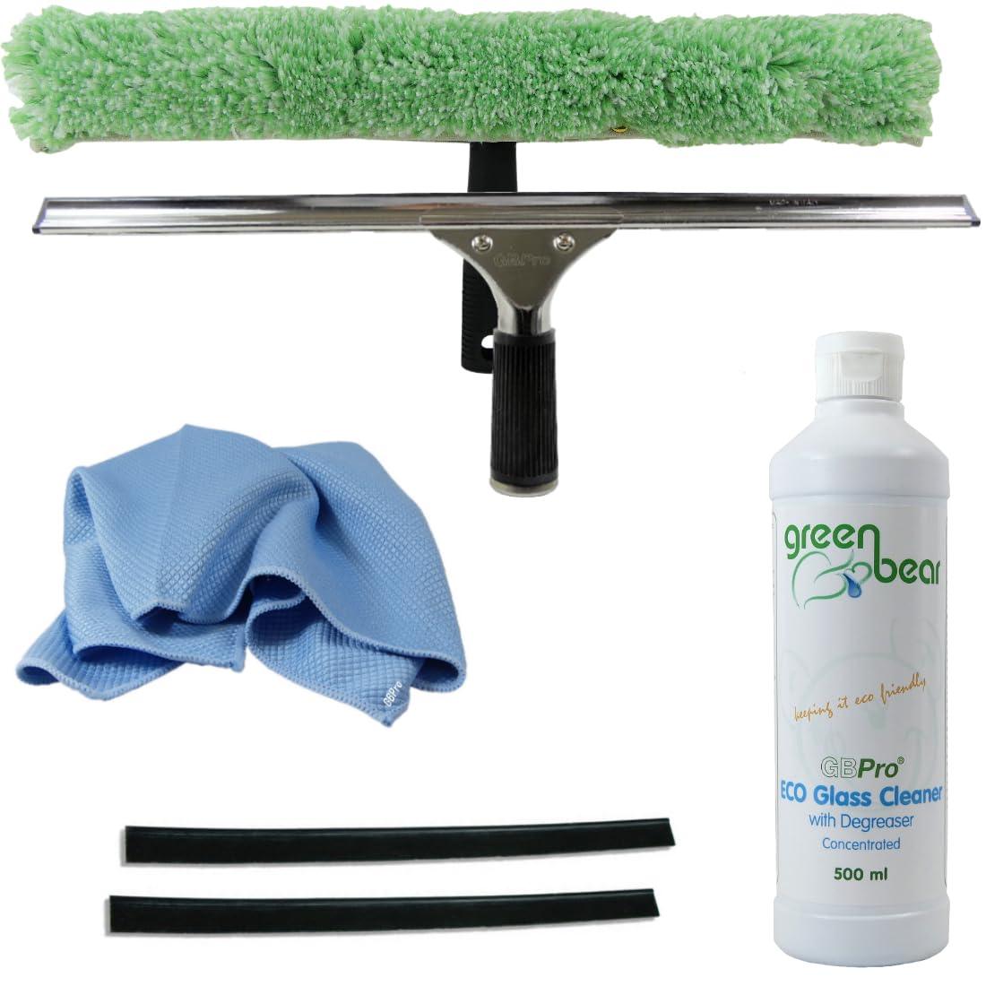 Gbpro Silver Professional Window Squeegee Stainless Steel Wiper 45Cm/18 Inches + T Bar & Micro Wash Sleeve, Concentrated Eco Glass Cleaner 500Ml, Fishscale Micro Glass Cloth, Rubber Blades