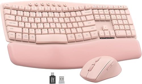 Miniatura 11 de Combo ergonómico de teclado y mouse inalámbricos, juego de teclado silencioso de tamaño completo de 30 dB con teclas onduladas y reposamanos suave,