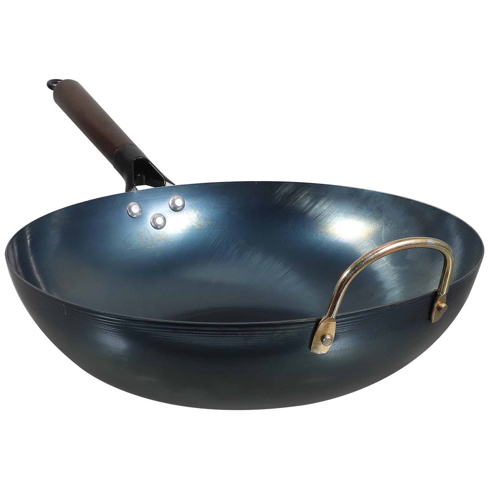 ULTECHNOVO Wok in Ferro Fondo Piatto e Manico in Legno, Padella Antiaderente Multiuso per Cucina Domestica, per Barbecue e Fornelli a Induzione