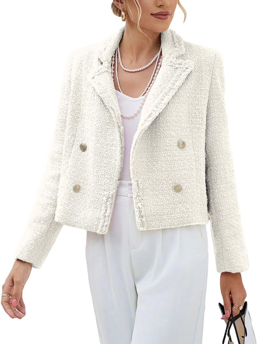 Donna Autunno Inverno Tweed Blazer Casual Doppio Petto Aperto Anteriore Ufficio Tasche Giacca Solida