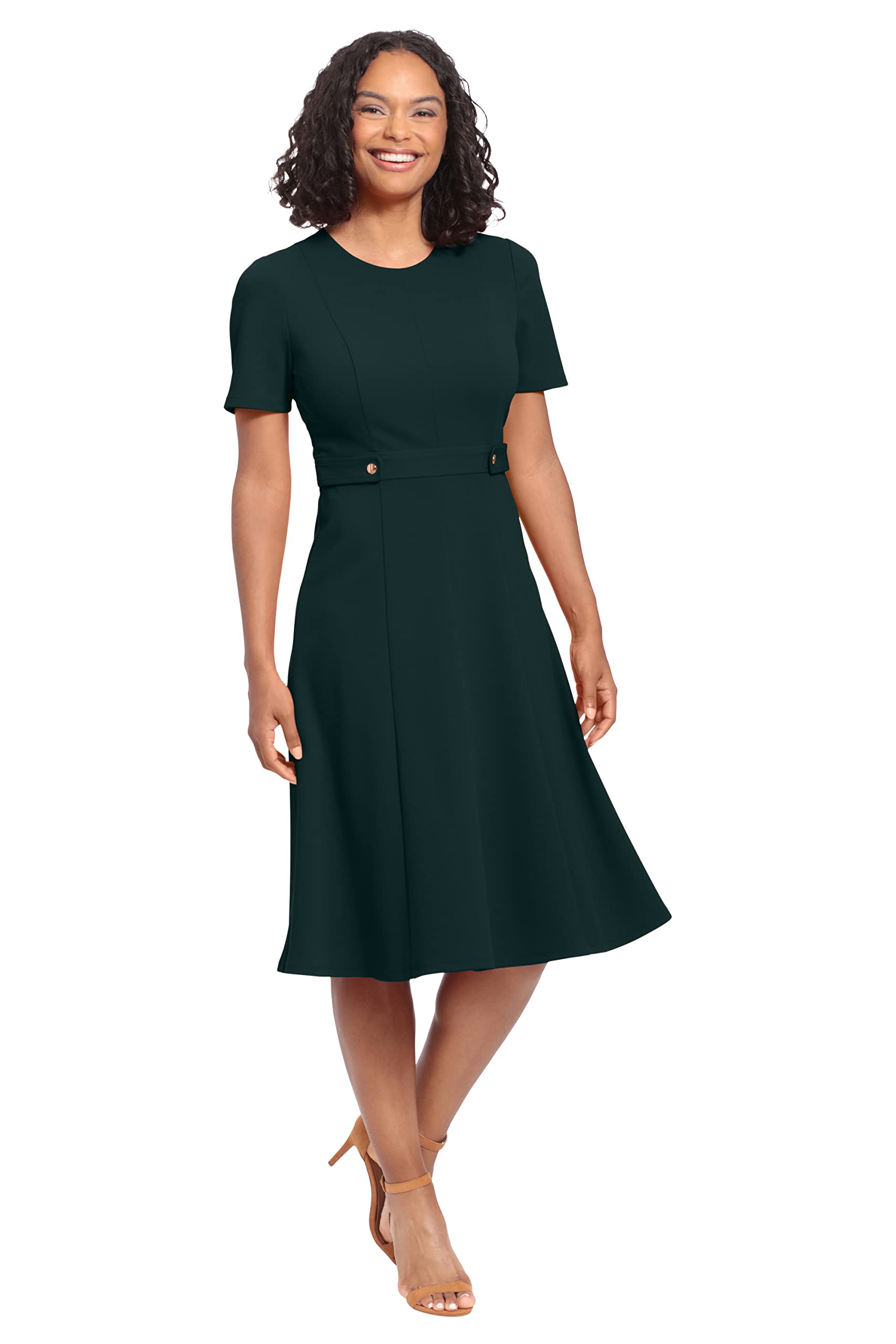 London Times Women's Knit Eyelet Short Sleeve Crepe Inset Waist Midi with Button Detail