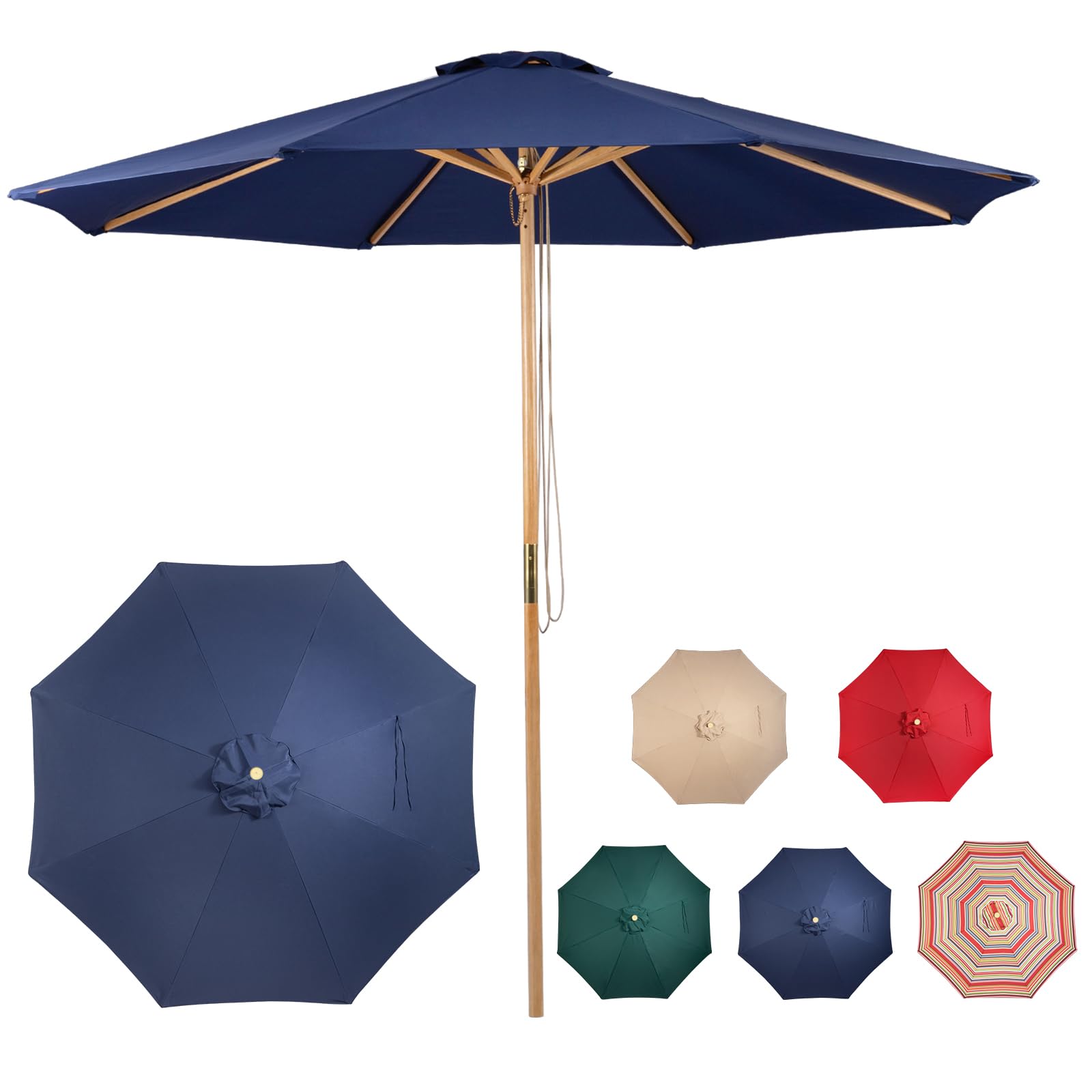 9ft Wooden Umbrella, Outdoor Patio Umbrella, Wood Market Umbrella, Patio Umbrella Wood Pole with Pulley Lift for Garden, Yard, Deck, Pool, Market