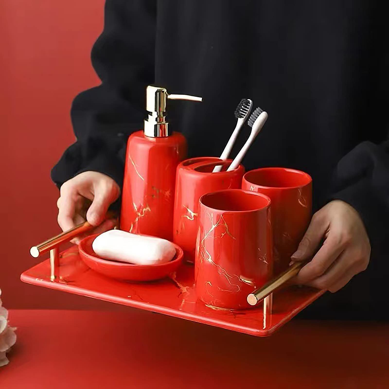 Juegos de Accesorios de baño, Acesorios Cuartos de Baño 5 Piezas con Dispensador Jabon Baño, Jabonera Baño, Porta Cepillo de Dientes, para Champú Cerámica Simple Rojo