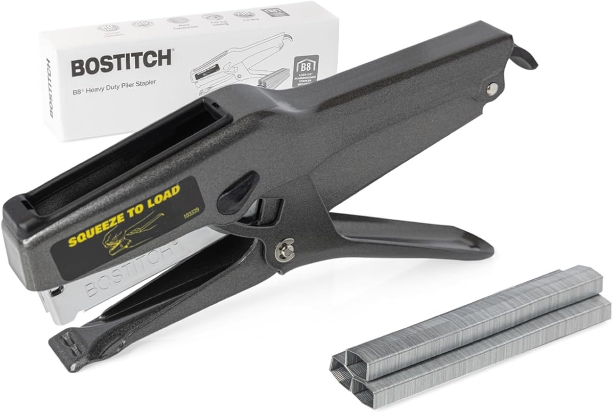 Amazon.com : Bostitch Office B8 Plier Heavy Duty Stapler with 1250 1/4" Staples - Full Strip Metal Bostitch Stapler for Cardboard, Paper and Fabric (45 Sheet Capacity) : Office Products