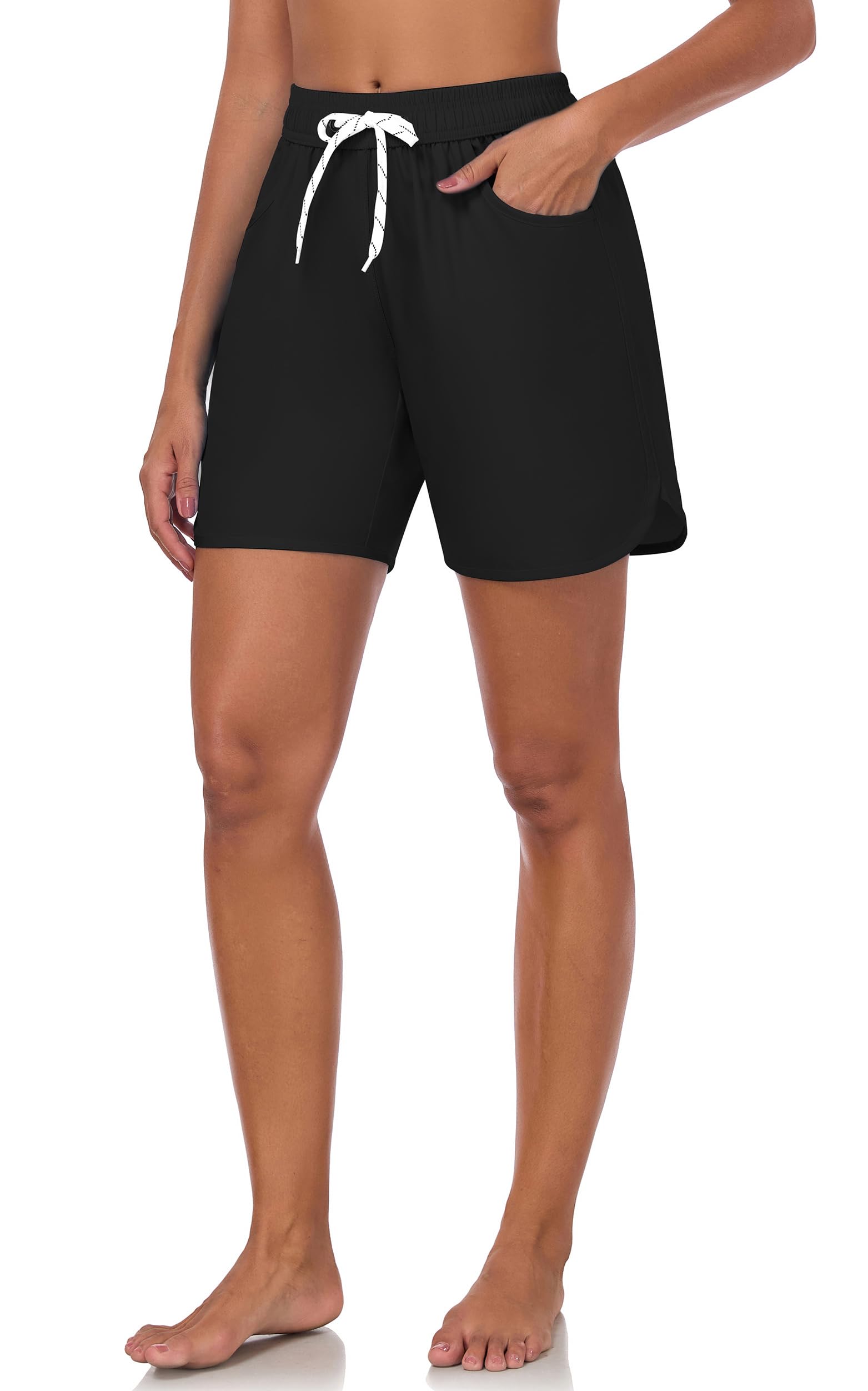 6" Wasserabweisende Schnelltrocknende Badehose Damen Bikinihose Ohne Netz - High Waist Bauchweg Badeshorts mit 2 Taschen, Ohne Innenslip