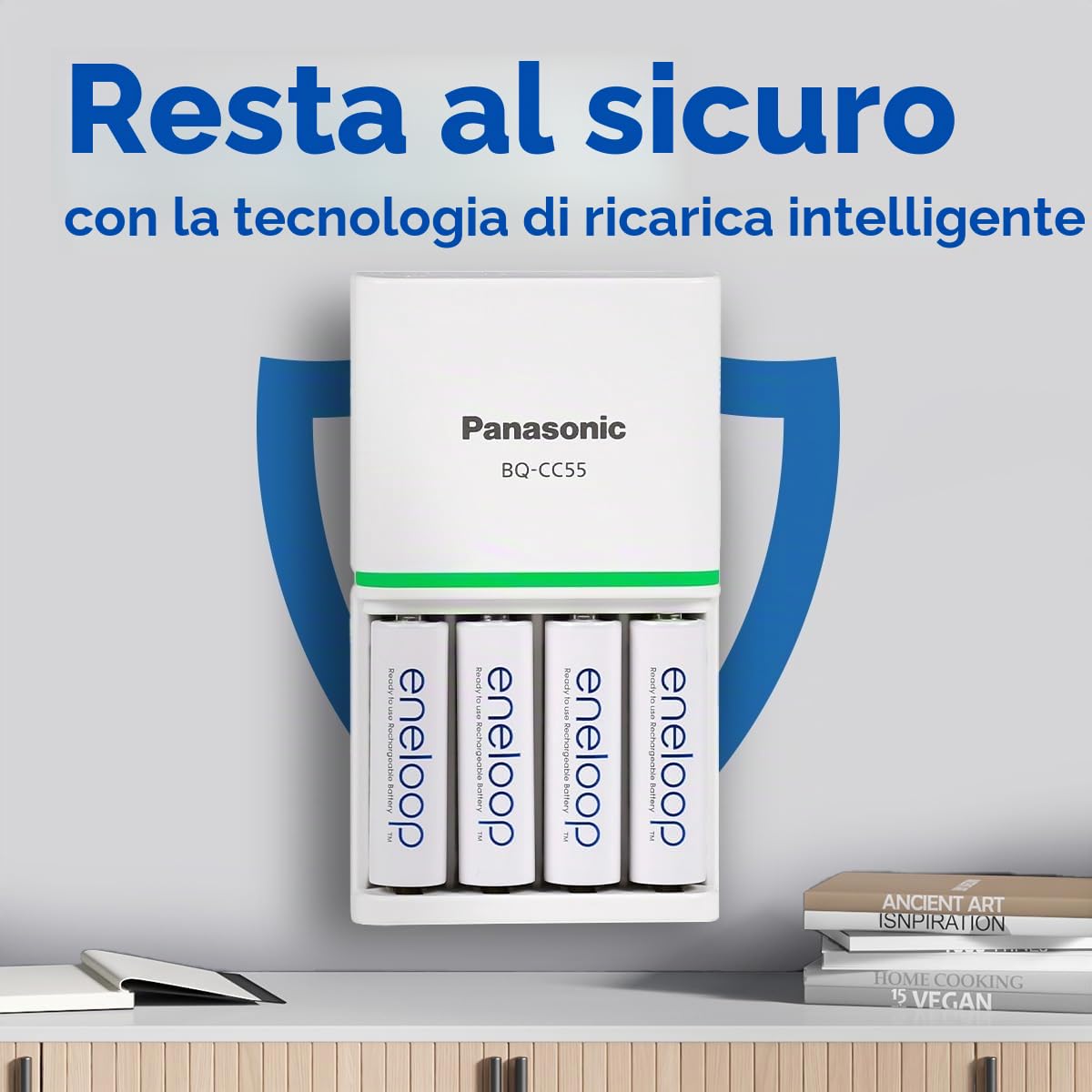 Panasonic eneloop Caricabatterie SmartPlus per 1-4 batterie AA/AAA Ni-MH, con 4 indicatori LED e 10 funzioni di sicurezza, tra cui 4 batterie eneloop AA/Mignon, capacità migliorata di min. 2000