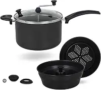 Panela Pipoqueira Fogão de Indução Multiuso 7 Em 1 Antiaderente 4,5 Litros Preto, Cuscuzeiro, Al Vapor, Escumadeira, Forma com Canudo
