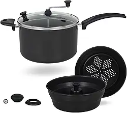 Panela Pipoqueira Fogão de Indução Multiuso 7 Em 1 Antiaderente 4,5 Litros Preto, Cuscuzeiro, Al Vapor, Escumadeira, Forma com Canudo