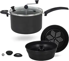 Panela Pipoqueira Fogão de Indução Multiuso 7 Em 1 Antiaderente 4,5 Litros Preto, Cuscuzeiro, Al Vapor, Escumadeira, Forma com Canudo
