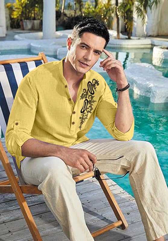 Image of Men's Printed Cotton Blend Short Kurta | Regular Fit Casual Kurta Shirt for Men with Mandarin Collar | Ethnic