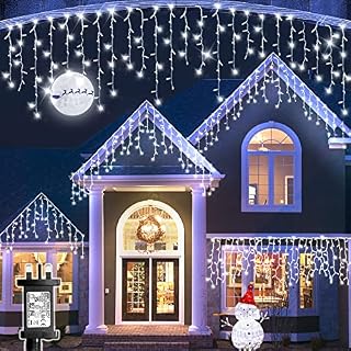 Jsdoin Icicle Lights Outdoor, 120 LED 4.5m/14.76ft Fairy Lights Plug in, Cool White Waterproof Christmas Lights with 8 Modes , White Cable String Lights, Holiday Lighting for Window Decoration, Party