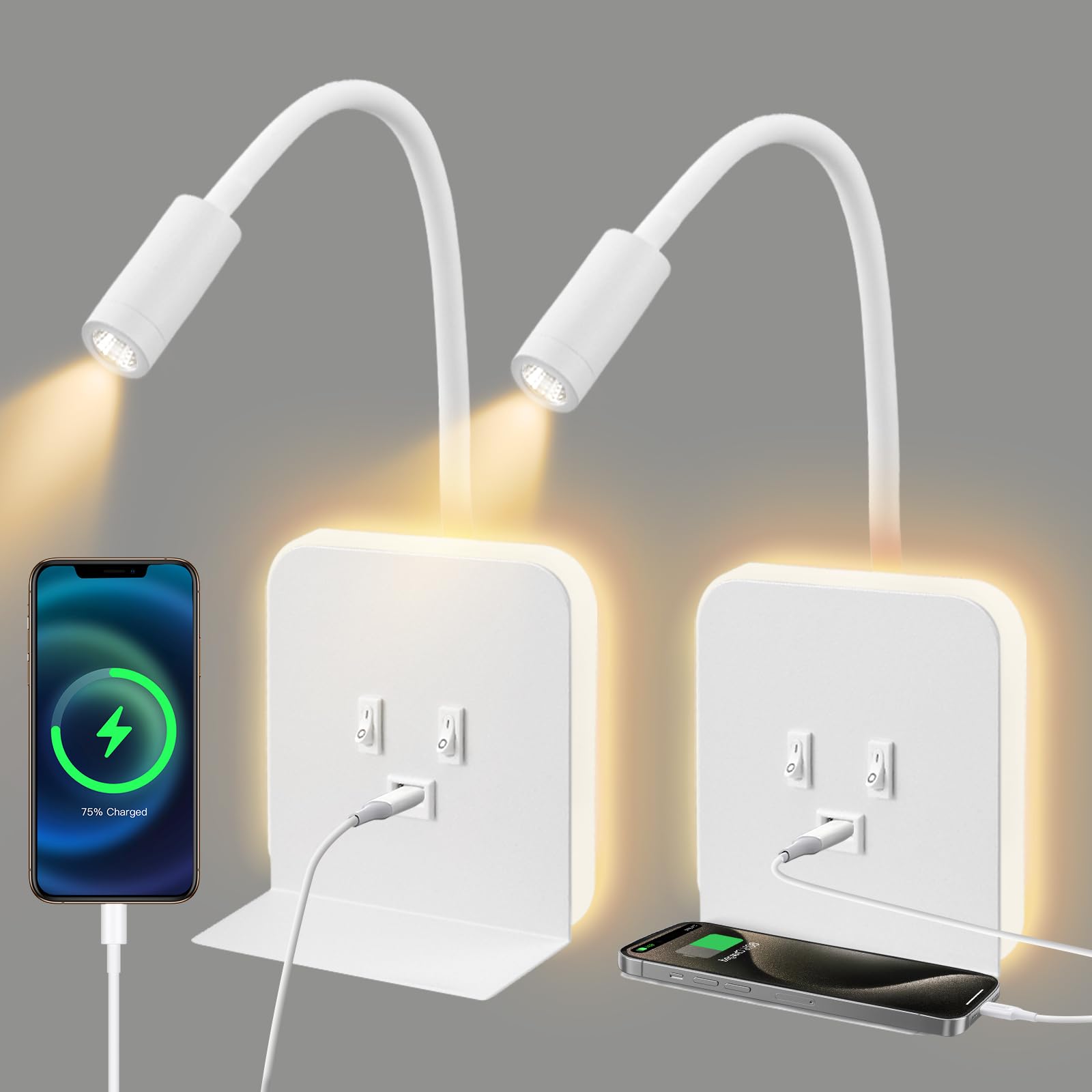 Doppia Sorgente Luminosa QCXWCJWD Lampada Da Lettura A LED 2 Pezzi, Applique Orientabili Con Porta USB, L Lamp Charger - 5