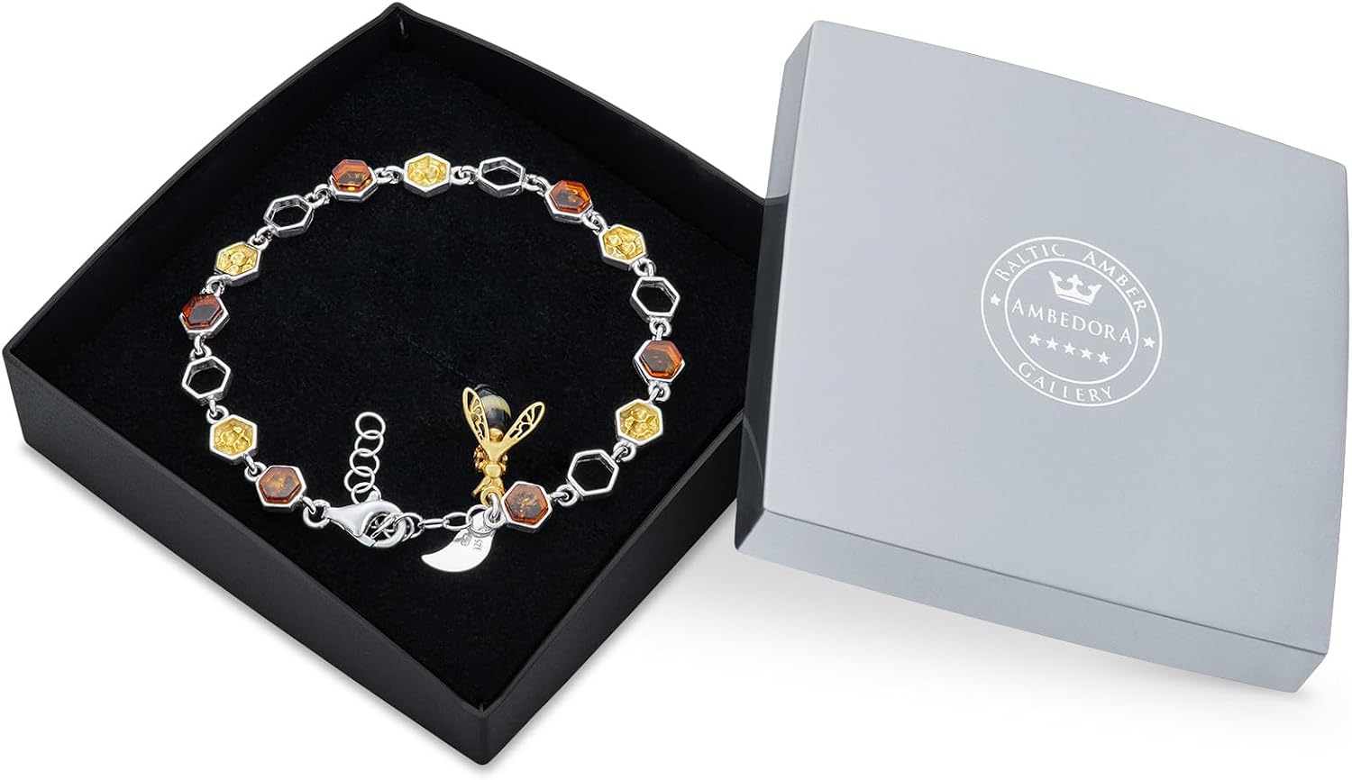 Women's Silver Bracelet with Bee and Amber, Sterling Silver Polished and Gold-Plated, Amber in Cognac Colour