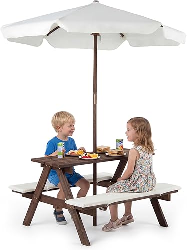 Vista 10 de Olakids Mesa de picnic para niños, juego de mesa y silla de madera para niños pequeños con paraguas extraíble, juego de muebles de actividades