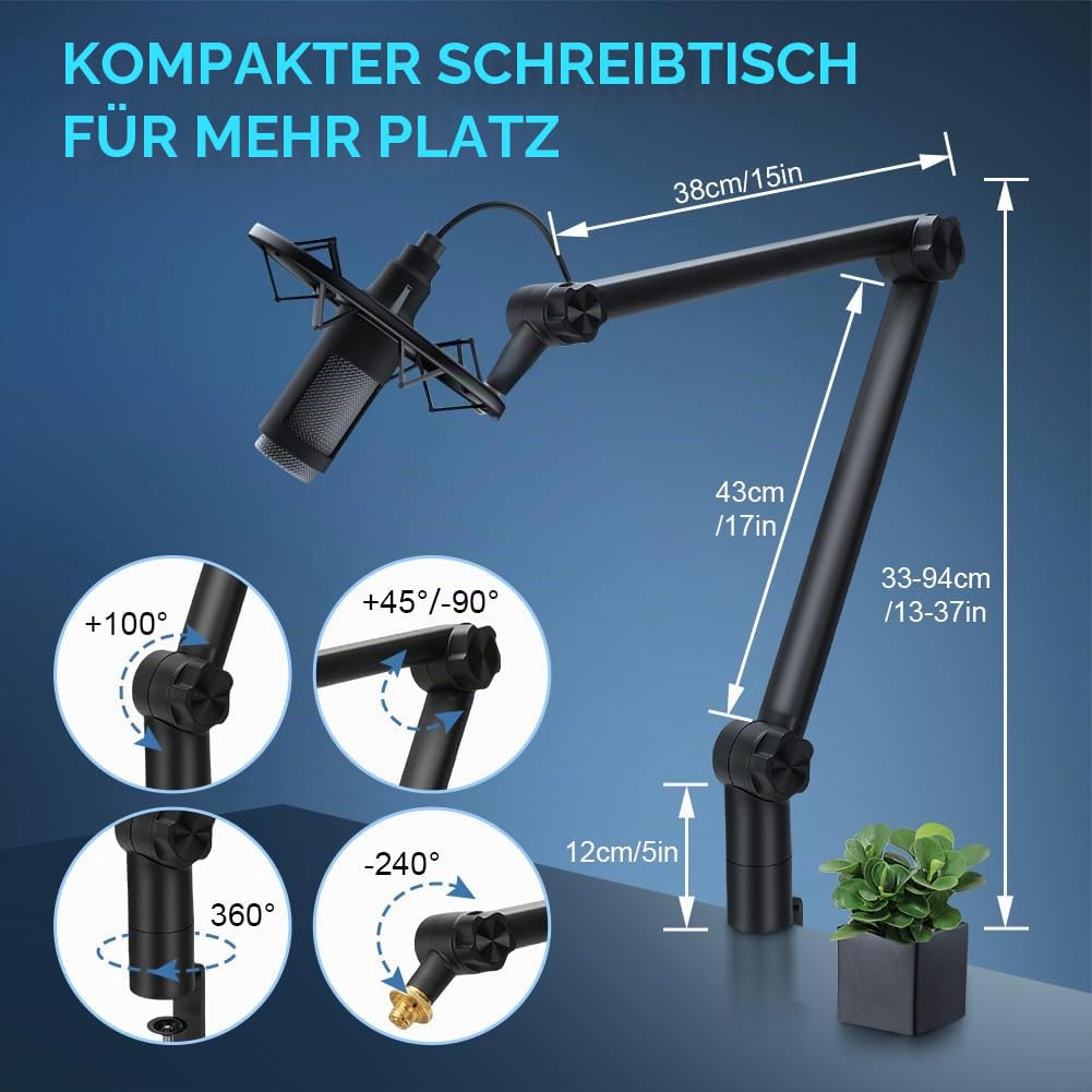 Wakects Mikrofon Arm, Kompakt Mikrofonhalterung mit 3/8 bis 5/8 Adapter, Faltbar, Vollständig Verstellbar für Podcast-Streaming, Gaming, Aufnahmen