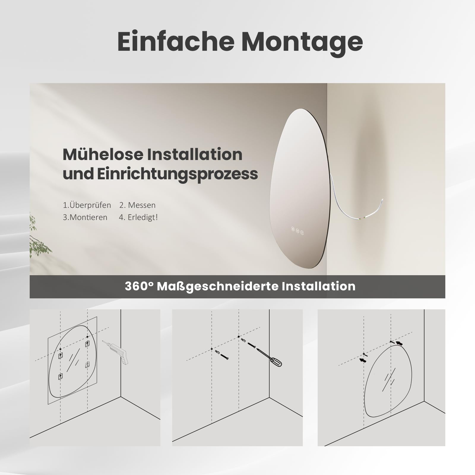 EMKE Specchio da bagno con illuminazione, 75 x 55 cm, specchio asimmetrico con touch, 3 colori di luce, dimmerabile, senza appannamento, specchio da bagno con illuminazione IP44, risparmio energetico