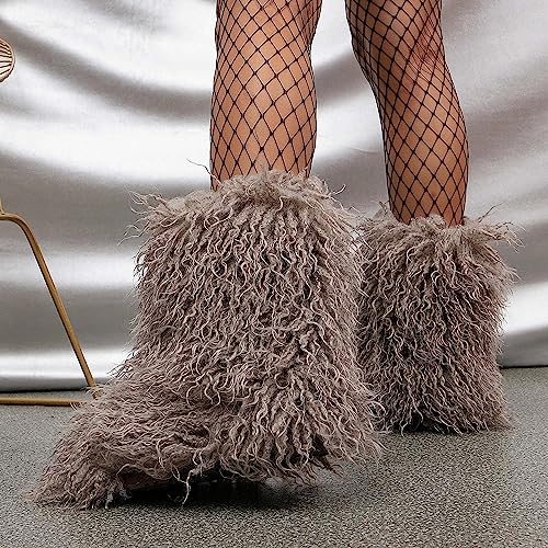 Furry Boots For Women Fuzzy Fluffy Snow Boot Faux Fur Colorful With Round Toe Water Resistant Flat Shoes Rubber Sole For Girl Outdoor Christmas Fashion Party Gift（Artificial Wool/Grey/6.5） #TOP5