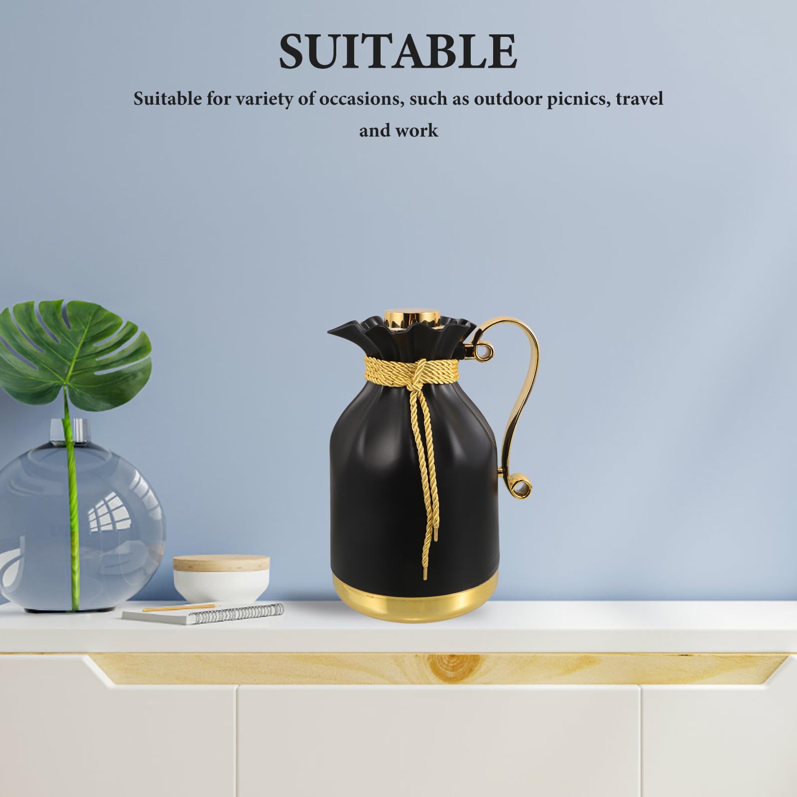 1-liter Isolierkanne mit Glaseinsatz für Kaffee und Tee, Schwarz | 1000ml Fassungsvermögen, Glas, Pp und Silikon, für Zuhause und Büro