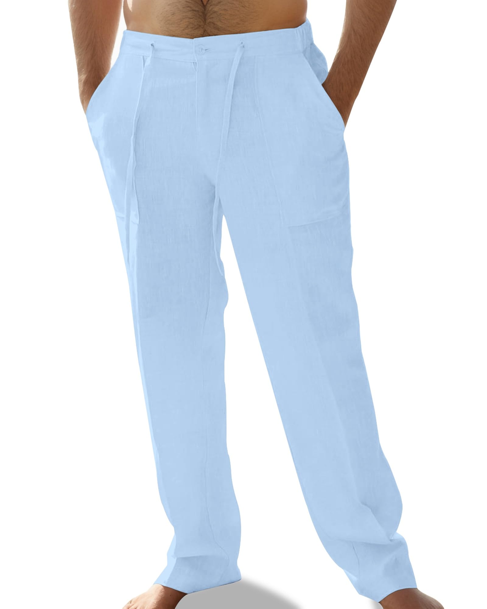 Mens Linen Pants Elastic Waist Summer Pants Relaxed Fit Lightweight Yoga Beach Casual Pants with Pockets