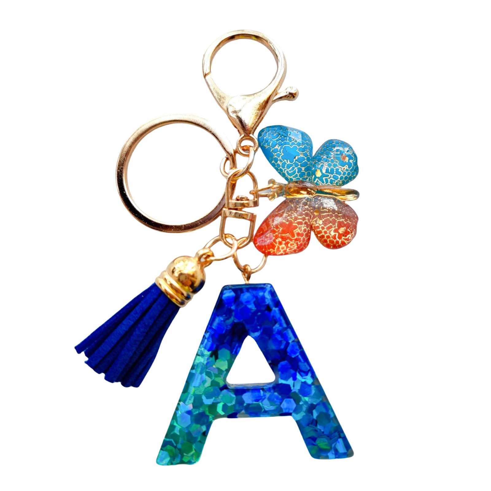 Cute Initial Letter Keychains for Women Girls Tassel Butterfly Pink Purple Green Keychain for Backpack School Bag