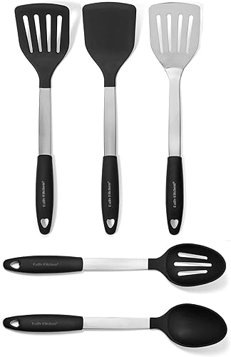 Daily Kitchen Utensilios de silicona resistente al calor y acero inoxidable - Espátula y cucharas con agarre de goma - Utensilios de silicona