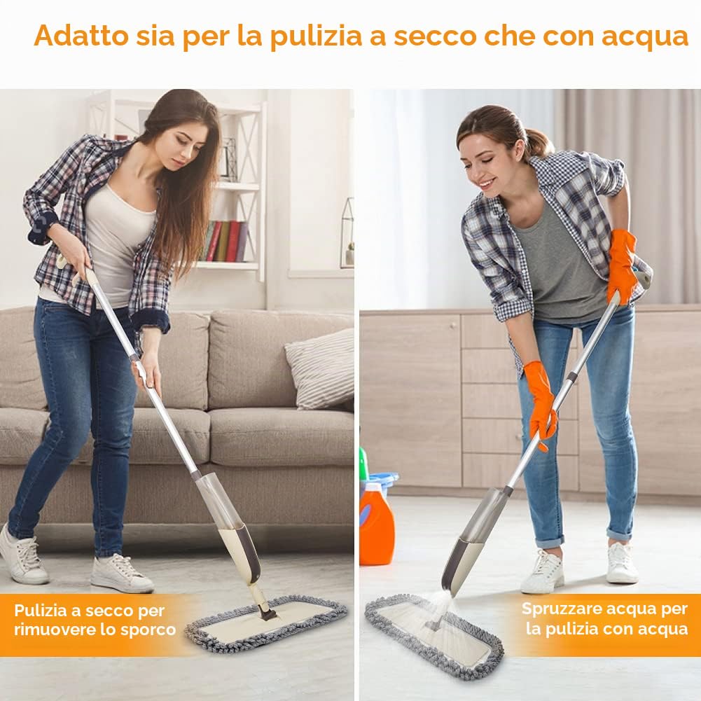 Scopa Lavapavimenti a Spruzzo, MEXERRIS Spray Mop Mocio Lavapavimenti con Flacone Ricaricabile da 410 ml e 3 Tamponi Lavabili Professionale Mop Pavimenti per Casa Cucina Laminato Legno Legno Duro