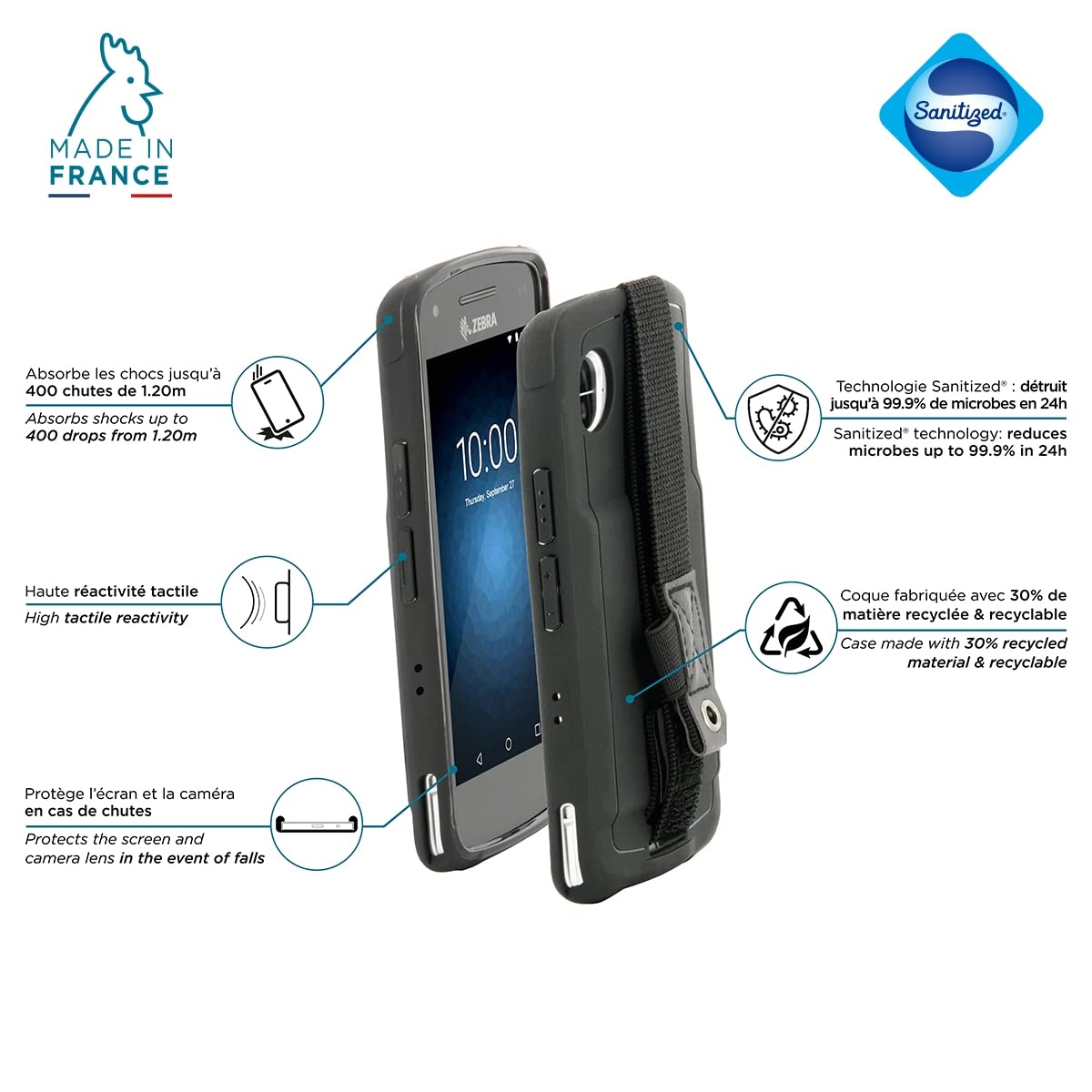 Mobilis Funda para Zebra EC50 - EC55 5'', Carcasa Reforzada para Ordenador Empresarial con Banda de Agarre y Portalápiz, Negro