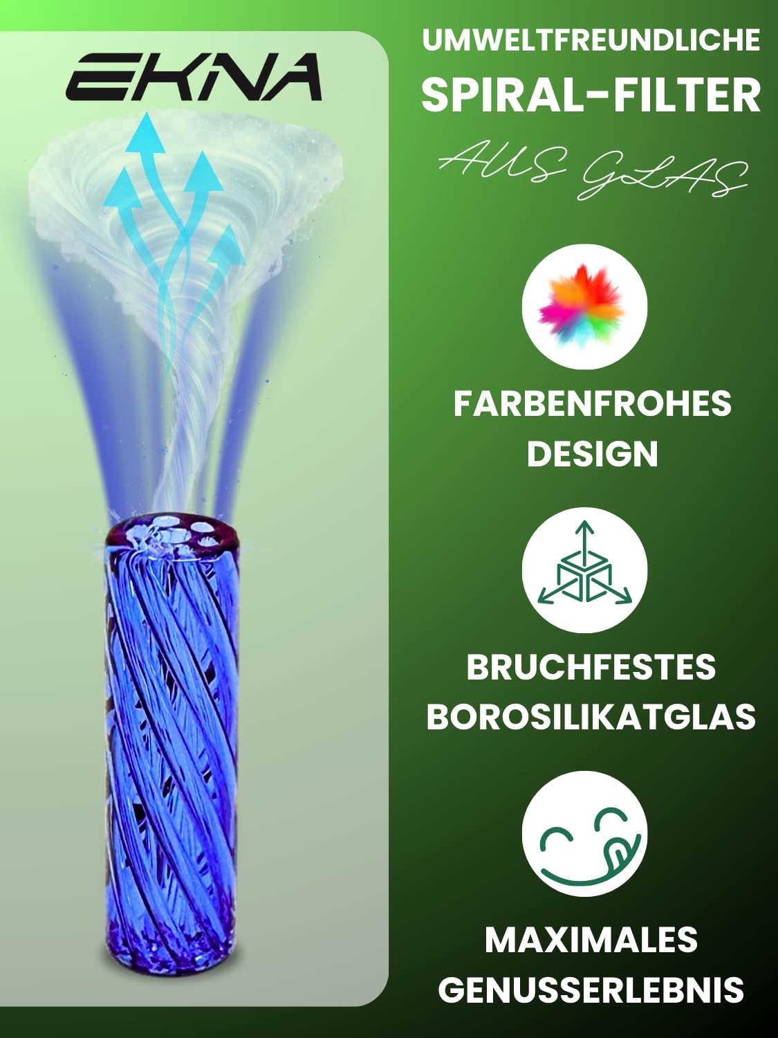 EKNA Premium spiralne końcówki szklane ustniki niebieskie – zestaw 3 filtrów szklanych Ø 8,10,12 mm – końcówki filtrujące do wielokrotnego użytku – 100% smaku, delikatny i chłodny – świadomi stylu | Odporne na pęknięcia szkło borokrzemowe