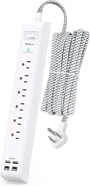 Surge Protector Power Strip 10 ft with 4 USB Ports 2 USB-C 6 AC Outlets, Flat Plug Extension Cord, USB Charging Station, Wall Mountable for Home, Office, Dorm Essentials, 1080J, ETL Listed