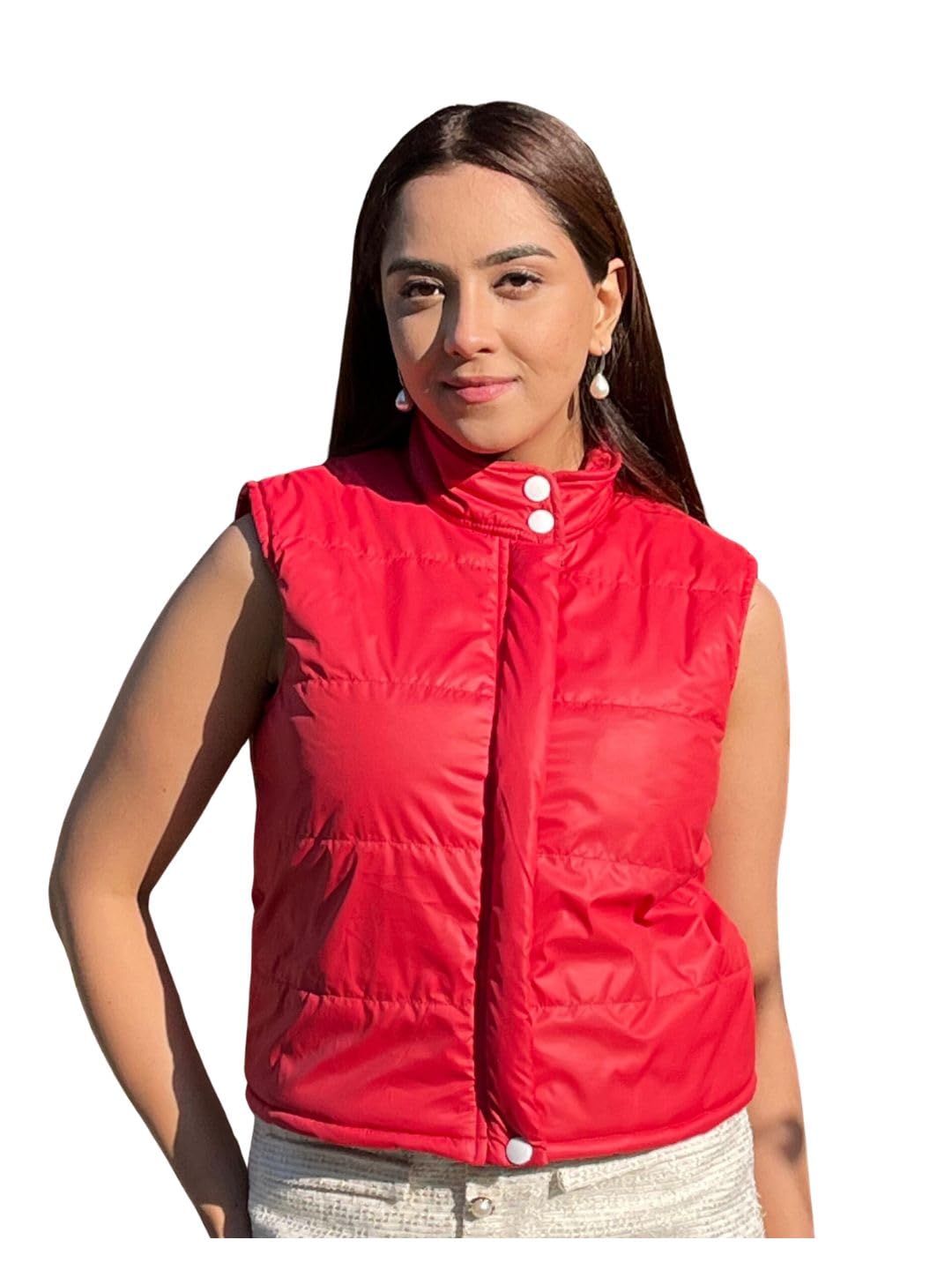 tandul Women's Solid Red Jacket- Puffer Regular Style Sleeveless For Office, Casual, Festive & Party (12025)-picture-22