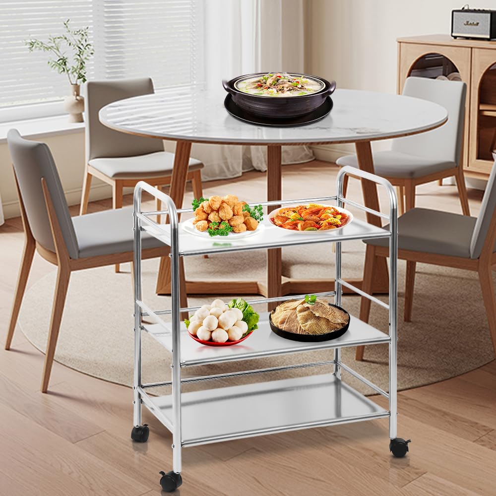 XANNI Carrello di servizio in acciaio inossidabile, carrello da laboratorio a 3 livelli con recinzione, con 4 ruote girevoli e freni di parcheggio, 61 x 36 x 75 cm
