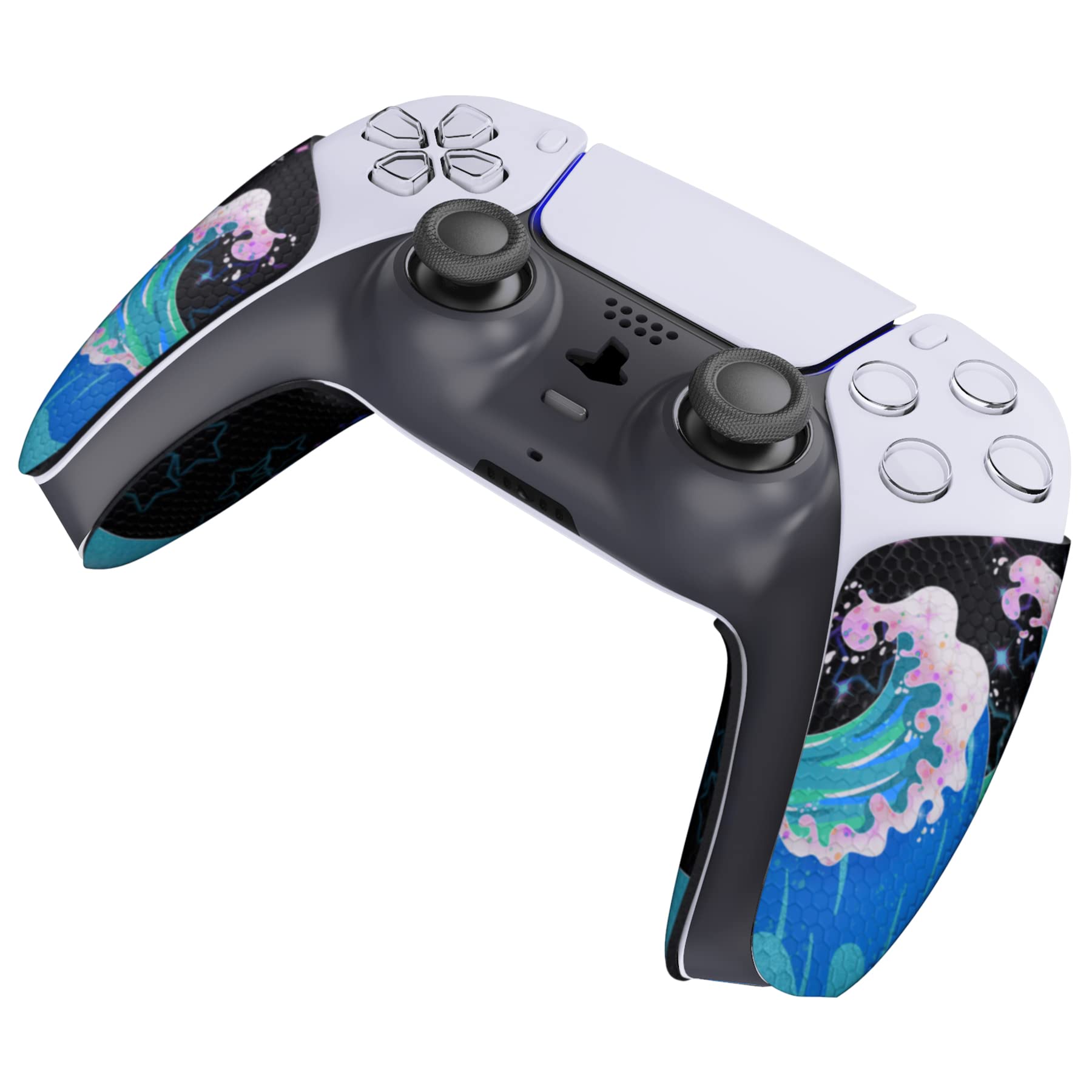 eXtremeRate PlayVital Pegatina para ps5 - Adhesivo de Silicona Antideslizante, Skin de Goma para ps5 Control, Protector con Textura para Mejor Agarre en el Mando (Olas Resplandecientes) — view 7