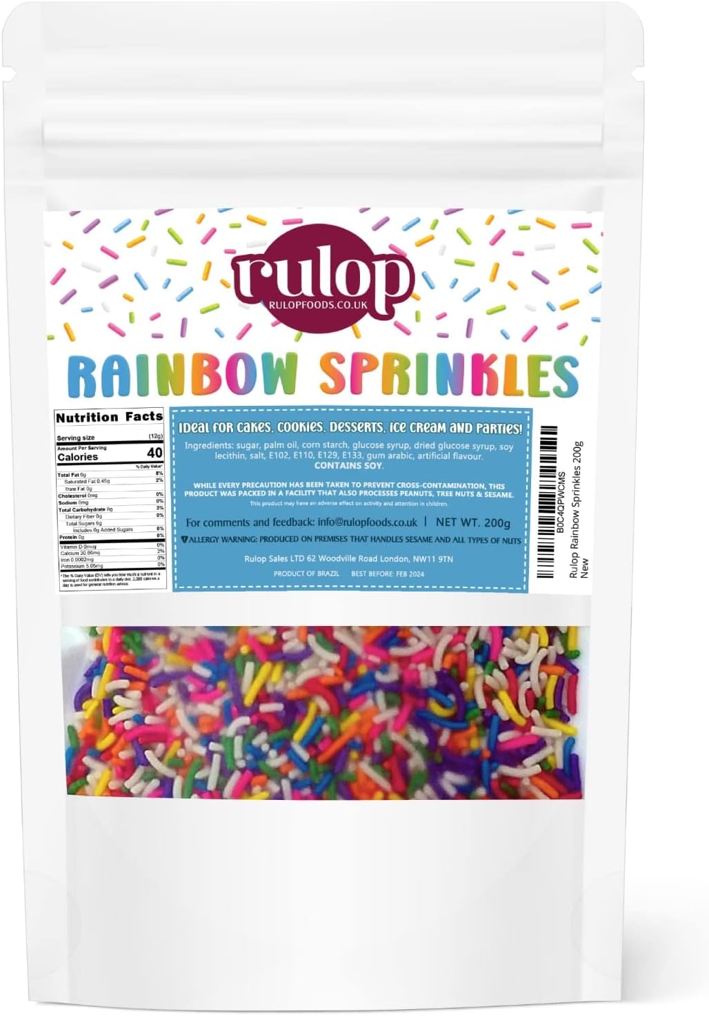 Dairy Free Rainbow sprinkles 200g, Colourful Sugar Strands That Are a Tasty and Exciting Option For Topping Cakes, Ice Cream and Cookies (Pack of 1)