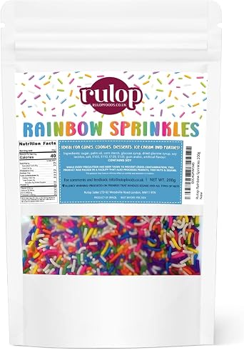 Rulop Dairy Free Rainbow sprinkles 200g, Colourful Sugar Strands That Are a Tasty and Exciting Option For Topping Cakes, Ice Cream and Cookies Pack of 1