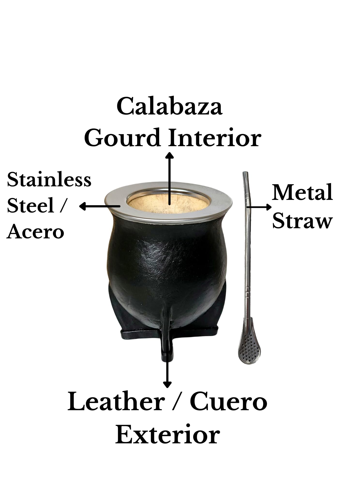 Taza Mate Argentino Hecho de Calabaza Natural - Mate de Calabaza con Exterior de Cuero Negro y Borde Liso de Acero Inoxidable - Incluye Bombilla