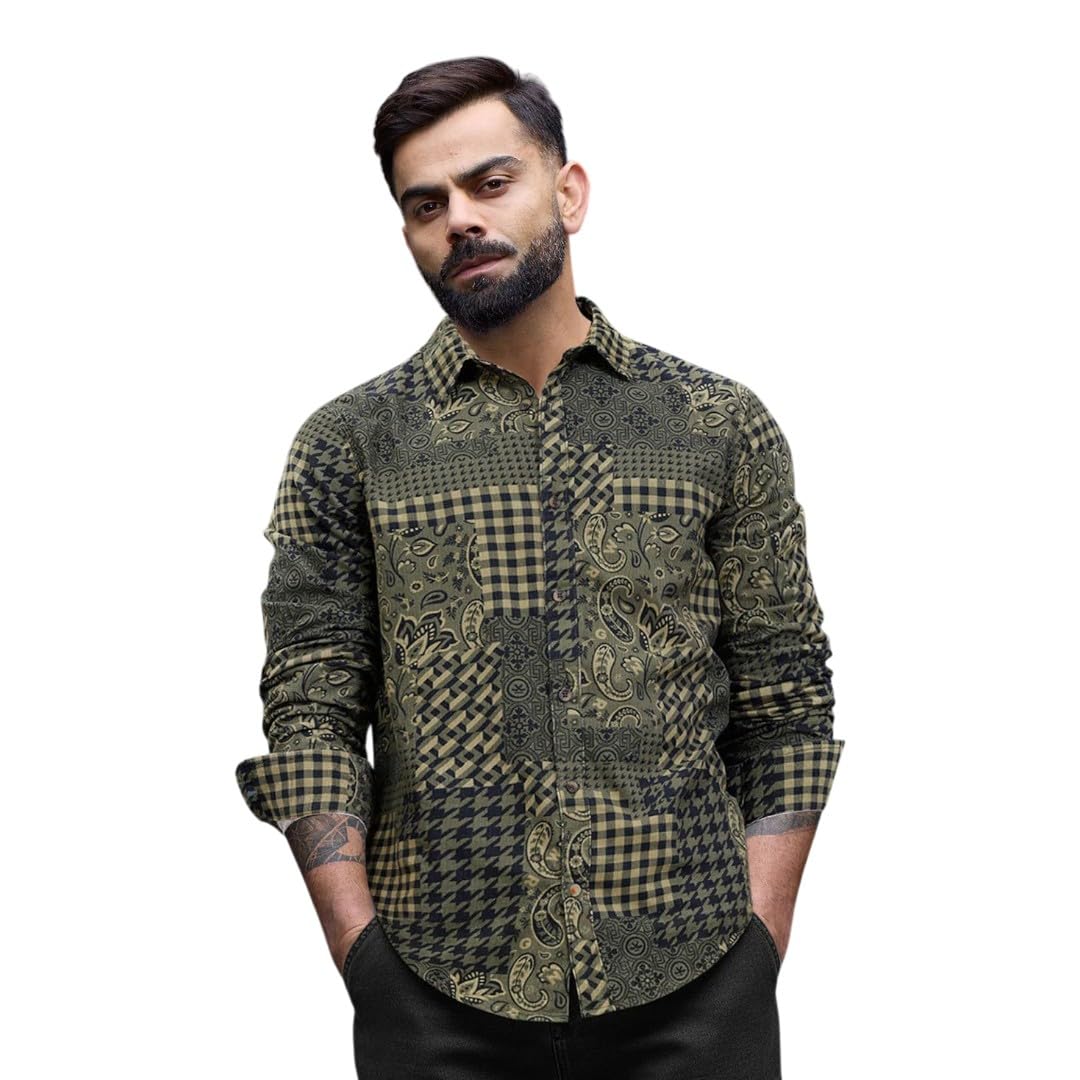 wrogn Men's Cotton Corduroy Shirt | Grey Black Clash Design | Slim Fit-picture-45