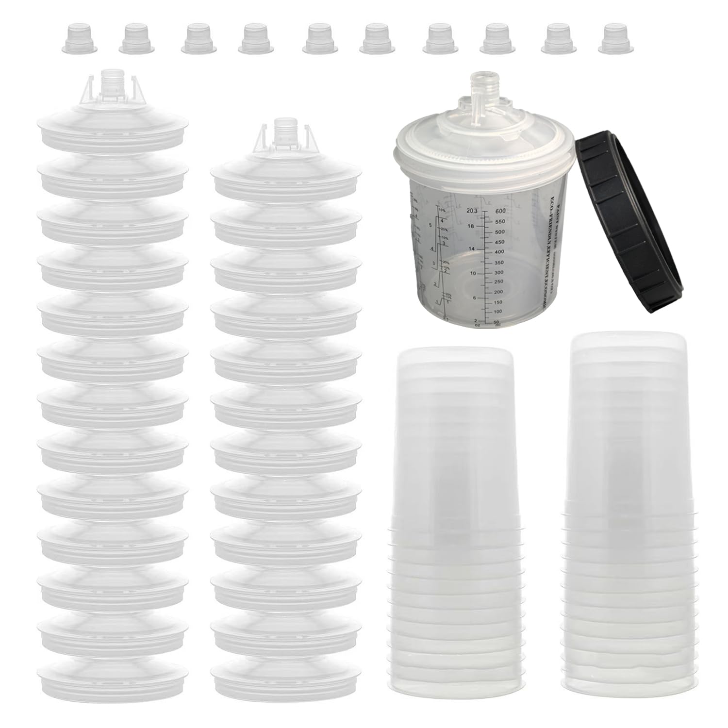 Juego de Taza de Mezcla de Pintura Desechable HVLP y LVLP,Kit de Vasos Mezcladores de Pintura con Tapa de 600 ML Que Incluye 30 Filtros,30 Vasos y Tapas,10 Tapones y 2 Adaptadores para Vasos
