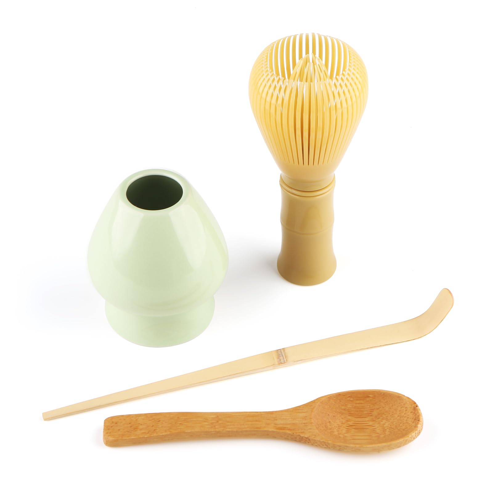 4 Piece Matcha Japanese Ceremony Set, Resin Matcha Whisk, Bamboo Spoon, Bamboo Scoop, Whisk Stand, Perfect Set for Preparing, Yellow - Pale Green
