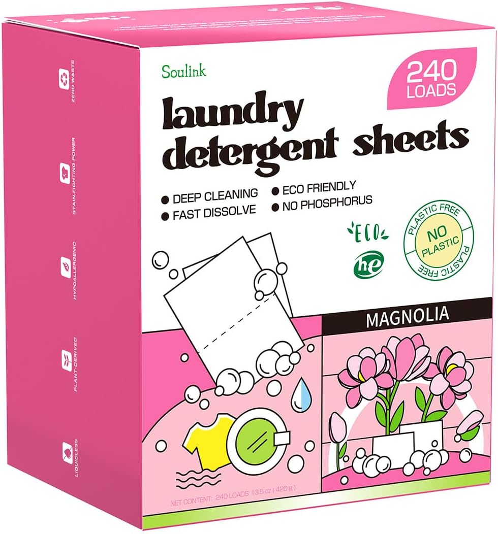 Soulink Magnolia Laundry Detergent Sheets 240 Loads - Eco-Friendly, Plant-Based, Hypoallergenic, No Plastic Jar