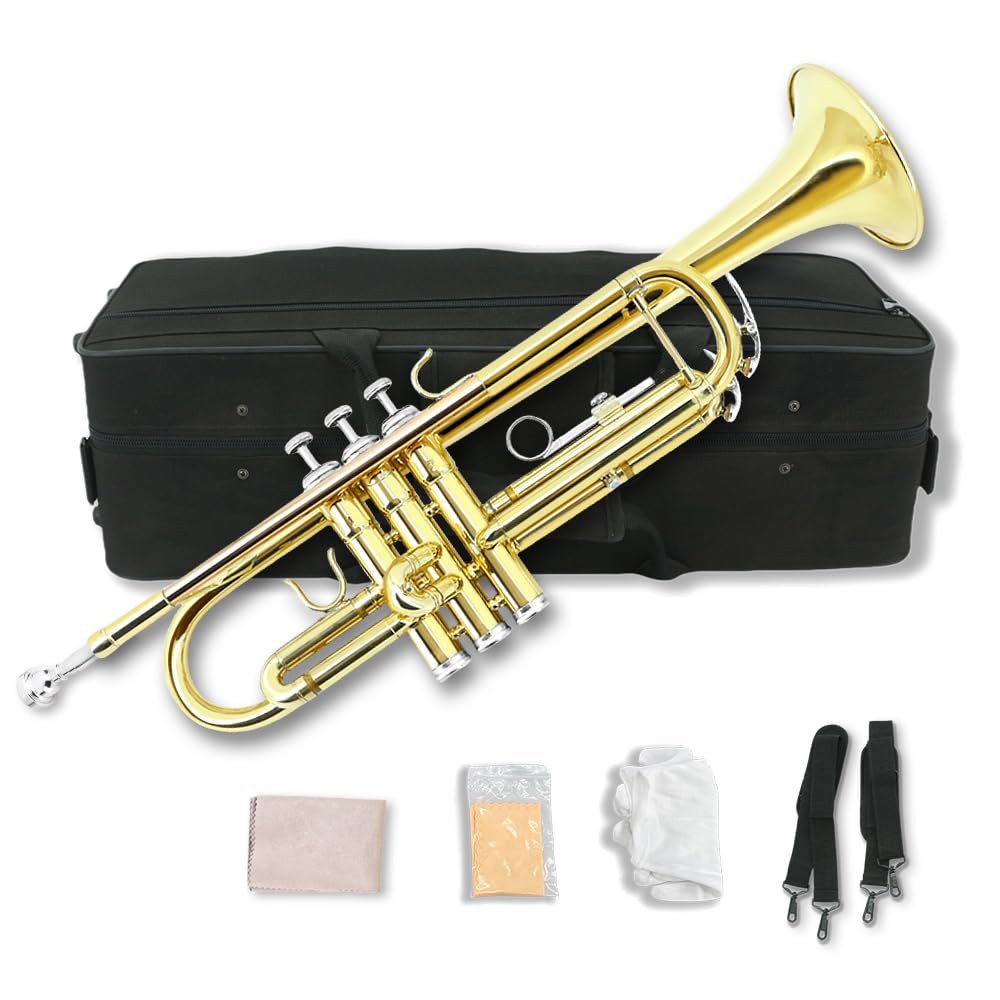 Standard Bb Trompete Set für Anfänger, Studenten Trompete, Messing Trompeteninstrument, B Flat, mit 7C Mundstück, Reinigungstuch, Handschuhe und Hartschalenkoffer (Gold)