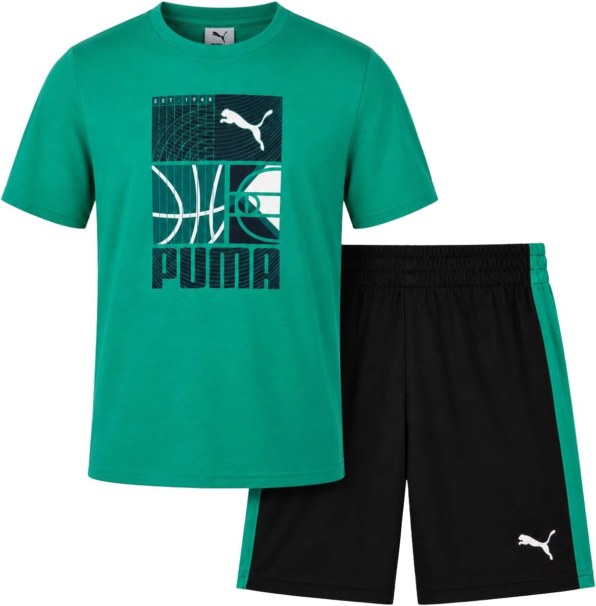 PUMA Boys Short Set - 2 Piece Short Sleeve Crewneck Performance Graphic Tees and Athletic Mesh Shorts for Boys (Sizes: 4-16)