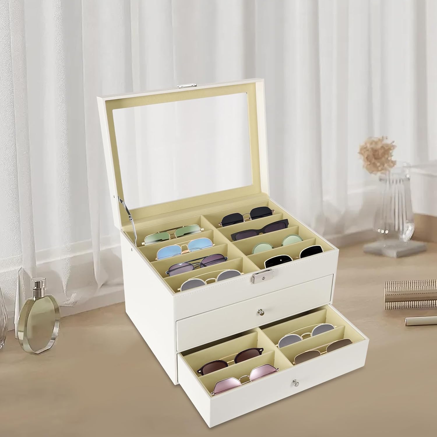 Estuche Expositor Blanco De 3 Capas para Gafas, Organizador De Gafas De Sol De Piel Sintética con 24 Ranuras, Elegante Estuche para Guardar Gafas para Hombres Y Mujeres, Caja