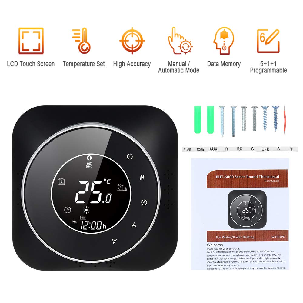 95-240 V Wi-Fi Smart Termostato programmabile 5 + 1 + 1 Sei periodi Controllo vocale APP Retroilluminazione Scaldabagno LCD Regolatore termico compatibile con Amazon