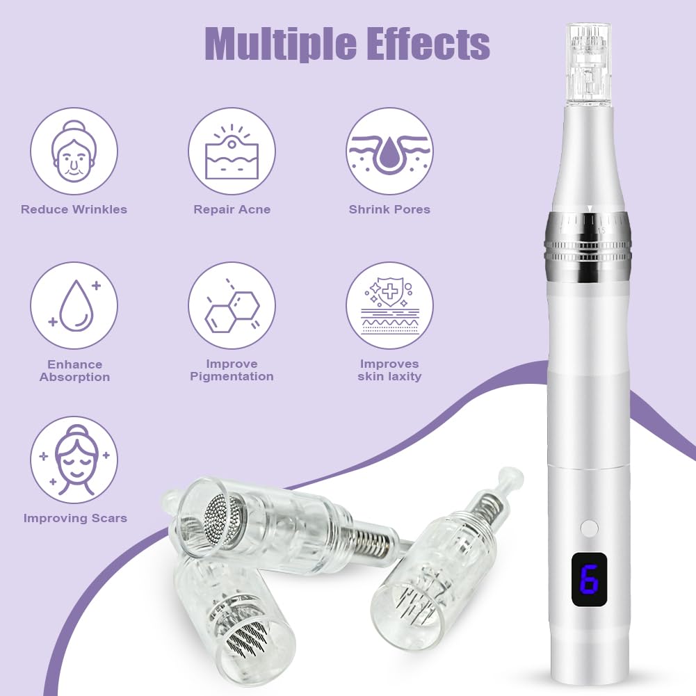 Vicloon Elettrico Dermapen Microneedling Professionale, Derma Penna con Schermo LCD e 6 Livelli incl. 12 pezzi Cartucce, Regolabile 0-2,5 mm (Argento)