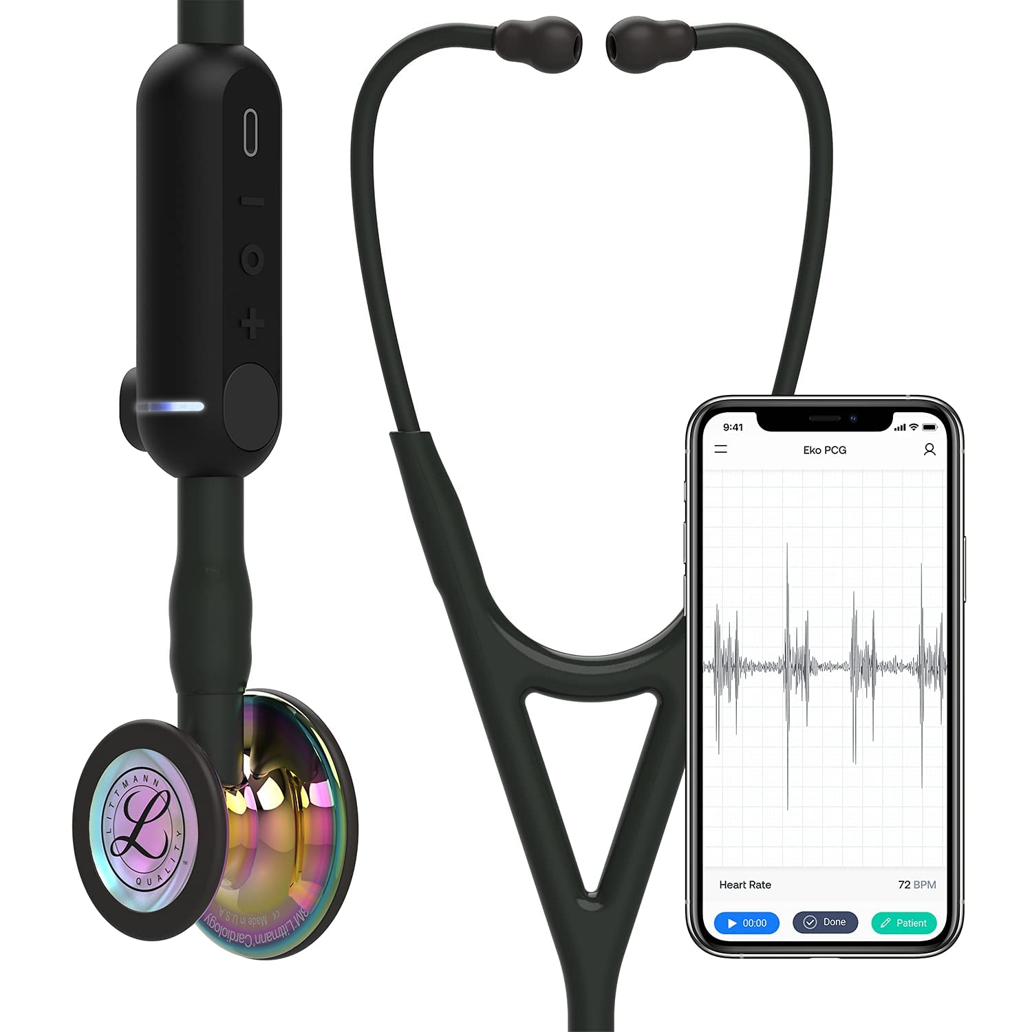 3M Littmann CORE Stetoscopio digitale, 8572, testina arcobaleno lucida, tubo nero, 69 cm + GIMA ASTUCCIO PORTA FONENDO, Nero, Uso Professionale