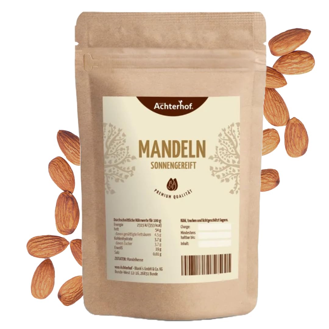 Mandeln sonnengereift 1000g | süßer & milder Geschmack | Mandelkerne frei von künstlichen Konservierungsstoffen, Aromen & Farbstoffen | ideal als Snack zwischendurch oder beim Backen | vom Achterhof