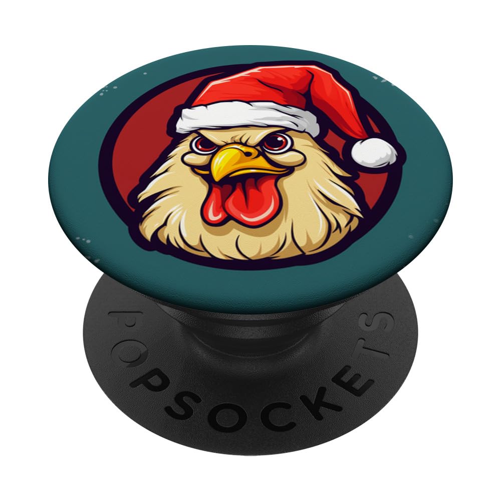 a cartoon chicken in a Santa hat with a mischievous smirk PopSockets Swappable PopGrip, Black