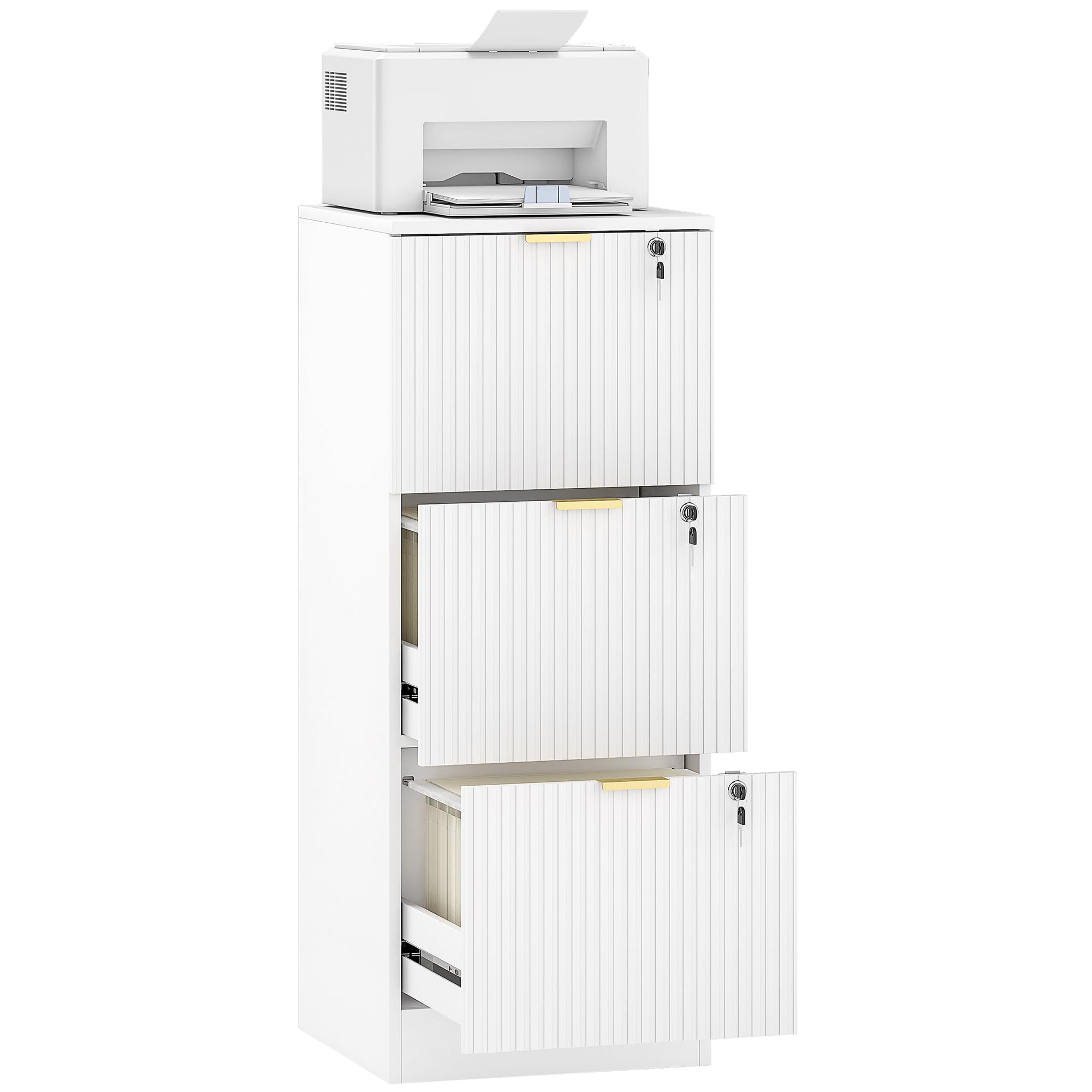 HOMCOM Armoire de classement verticale cannelée à 3 tiroirs avec serrure et rails de suspension réglables pour fichiers A4 et lettre, support d'imprimante avec rangement, blanc