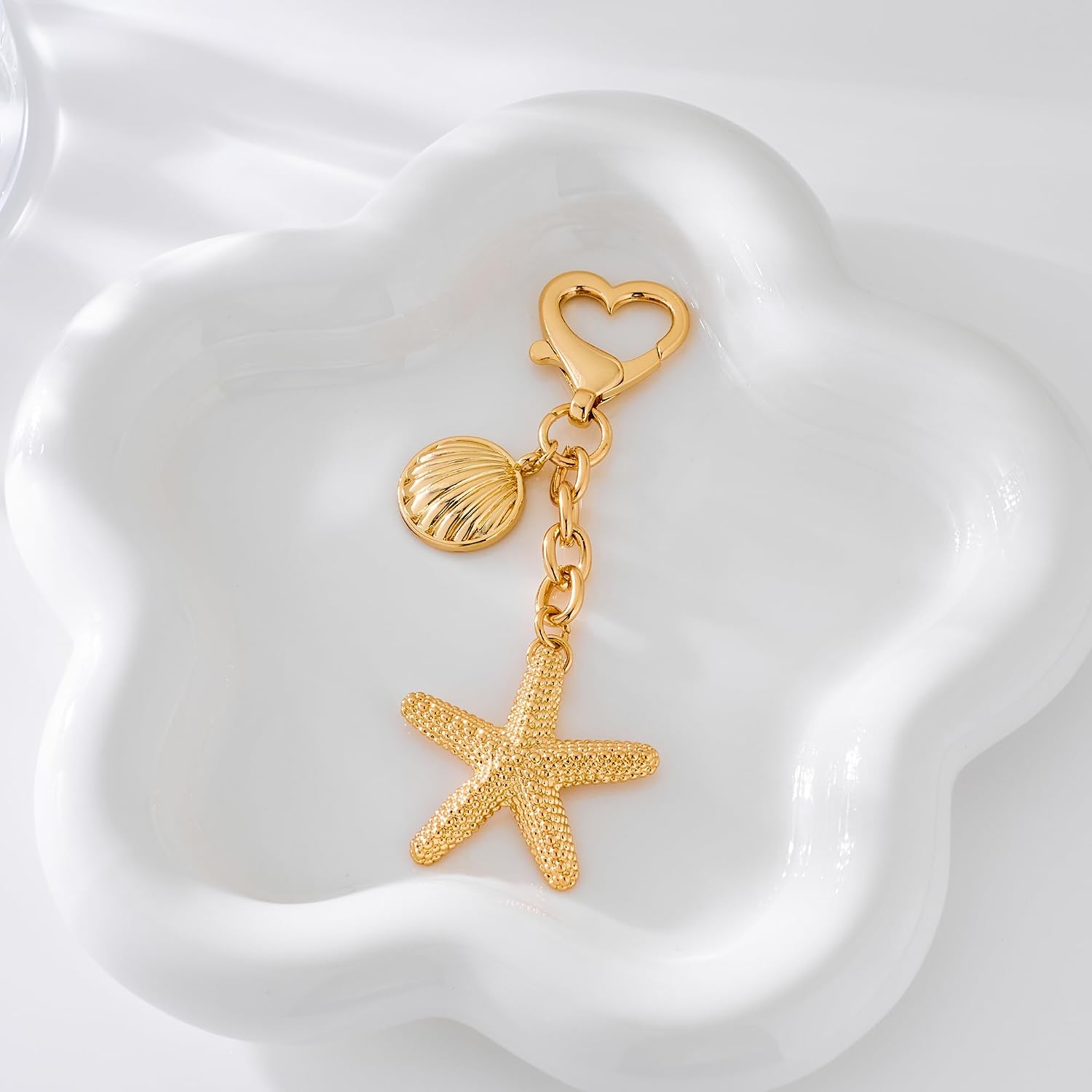 Gold Shell Starfish Keychain Accessories - Ocean Charm Keychains Accessories for Travel on Beach Bag/Handbag/Tote Bag